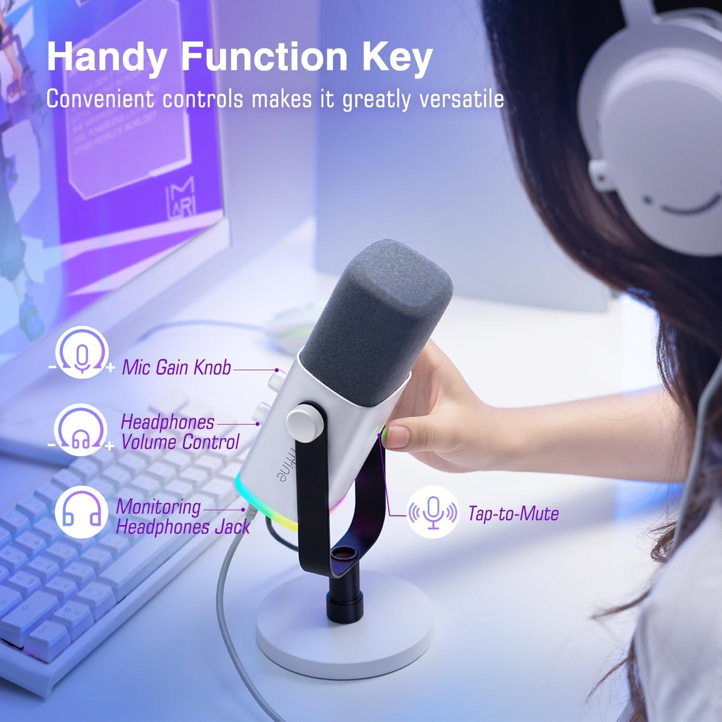 XLR/USB Gaming Microphone for Streaming Podcasting, PC Computer RGB Mic, with Gain Knob, Mute Button, Monitoring Jack, Gamer Mic for Recording Video Creation-Ampligame AM8 White