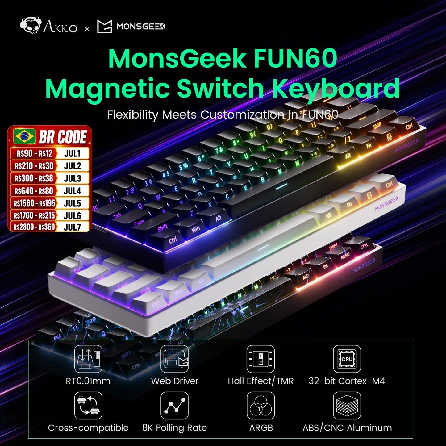 Monsgeek FUN60 Mechanical Keyboard Magnetic Switch 60% Gaming Keyboards Rapid Trigger 0.01Mm 8K ARGB HE/TMR Custom Keyboard