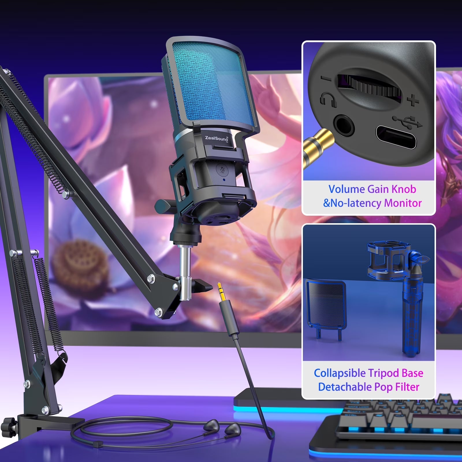 Gaming USB Microphone,Noise Cancellation Condenser Mic,3.5Mm Headphone,Rgb Microphone with Mute,Gain,Monitoring,Boom Arm,Pop Filter for Phone,Pc,Computer,Mac,Streaming,Podcast