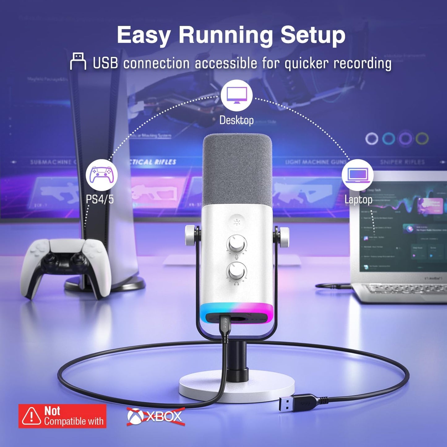 XLR/USB Gaming Microphone for Streaming Podcasting, PC Computer RGB Mic, with Gain Knob, Mute Button, Monitoring Jack, Gamer Mic for Recording Video Creation-Ampligame AM8 White