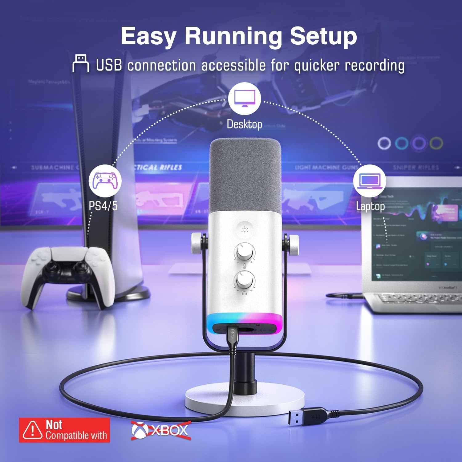 XLR/USB Gaming Microphone for Streaming Podcasting, PC Computer RGB Mic, with Gain Knob, Mute Button, Monitoring Jack, Gamer Mic for Recording Video Creation-Ampligame AM8 White