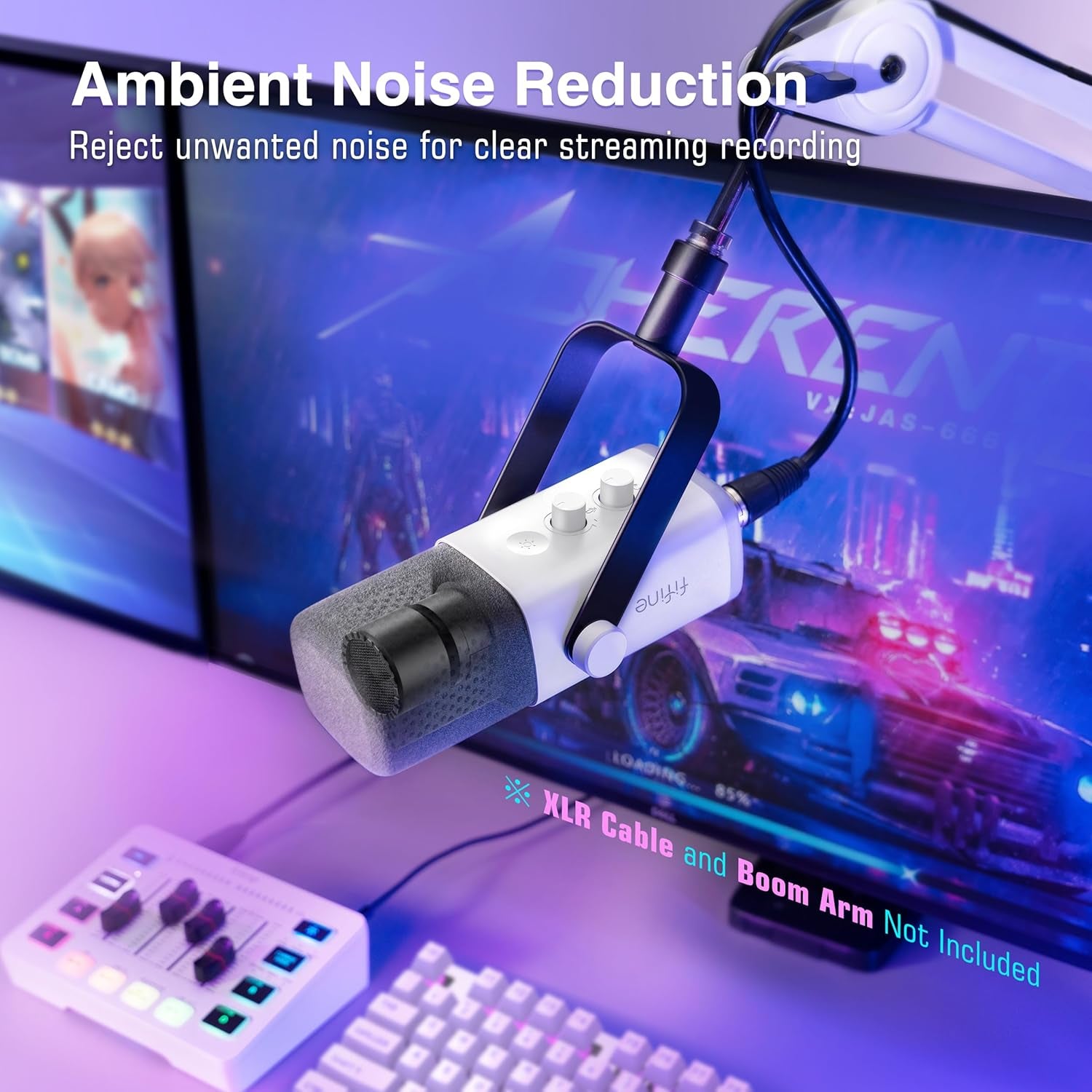 XLR/USB Gaming Microphone for Streaming Podcasting, PC Computer RGB Mic, with Gain Knob, Mute Button, Monitoring Jack, Gamer Mic for Recording Video Creation-Ampligame AM8 White