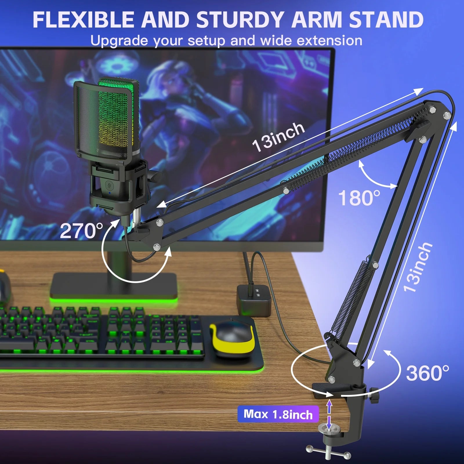 Gaming USB Microphone,Noise Cancellation Condenser Mic,3.5Mm Headphone,Rgb Microphone with Mute,Gain,Monitoring,Boom Arm,Pop Filter for Phone,Pc,Computer,Mac,Streaming,Podcast