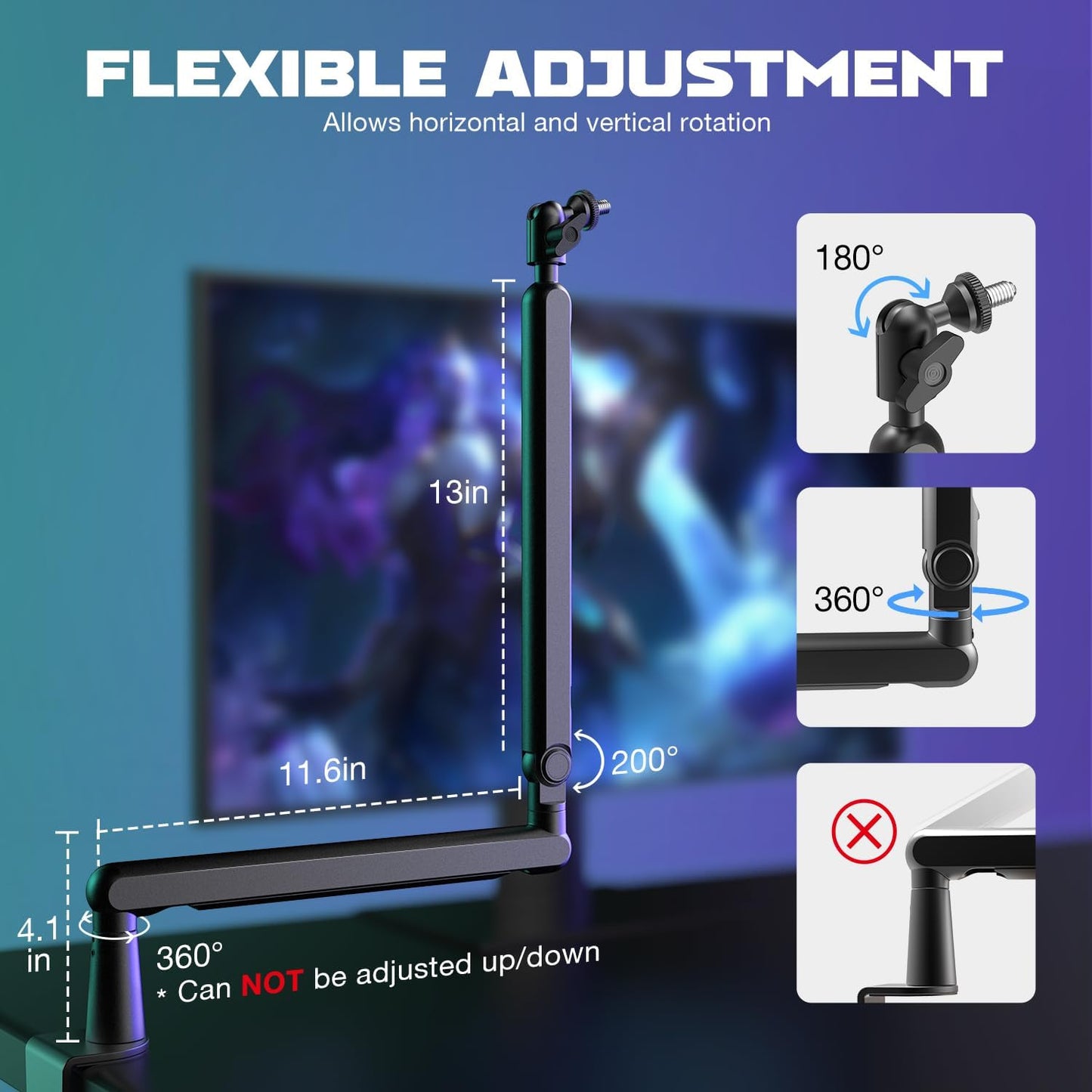FIFINE Microphone Boom Arm, Low Profile Adjustable Stick Microphone Arm Stand with Desk Mount Clamp