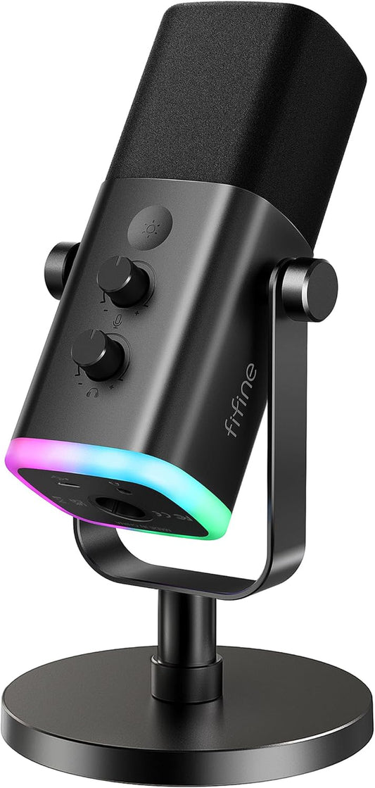 USB/XLR Dynamic Microphone for Podcast Recording, PC Computer Gaming Streaming Mic with RGB Light, Mute Button, Headphones Jack, Desktop Stand, Vocal Mic for Singing Youtube-Ampligame AM8