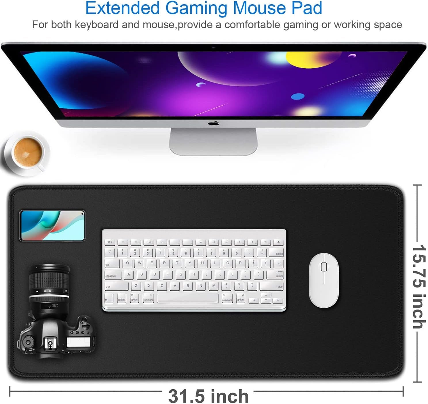 Large Gaming Mouse Pad, 31.5X15.7 Inch Large Extended Computer Keyboard Mouse Mat, Water Resist Non-Slip Mousepad Rubber Base Long XXL Desk Mouse Pad for Work & Gaming, Office & Home, Black