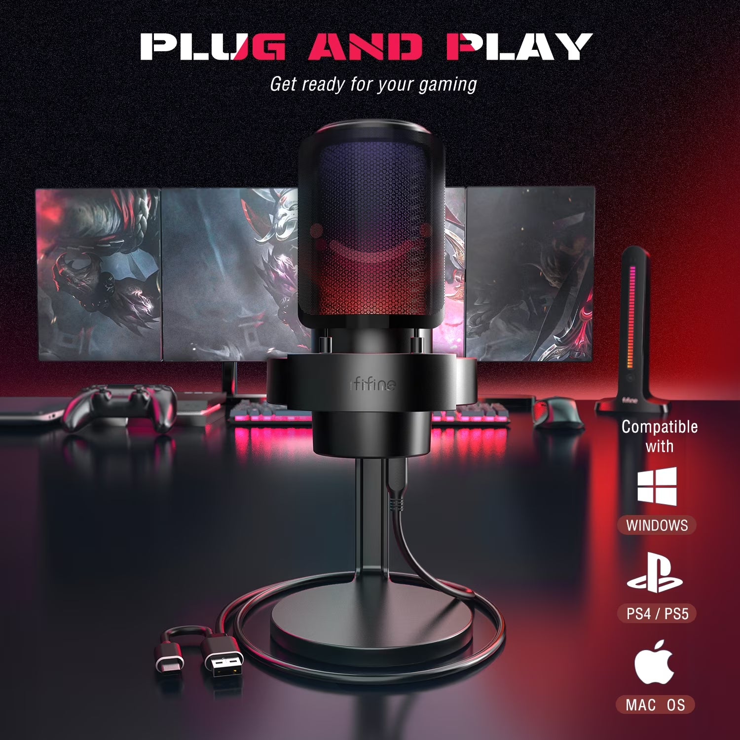A8 Gaming USB Microphone for PS4 PS5 PC Computer,Recording/Streaming Mic with Led,Headphone Jack,Mute Button,Voice Control,Noise Cancellation