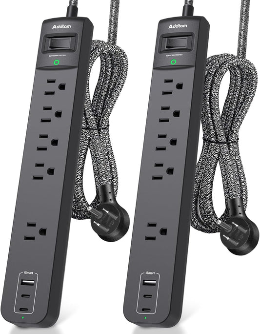 2 Pack Power Strip Surge Protector - 5 Widely Spaced Outlets 3 USB Charging Ports, 1875W/15A 6Ft Braided Extension Cord, Flat Plug Overload Protection, Wall Mount for Home Office Dorm Room Essentials