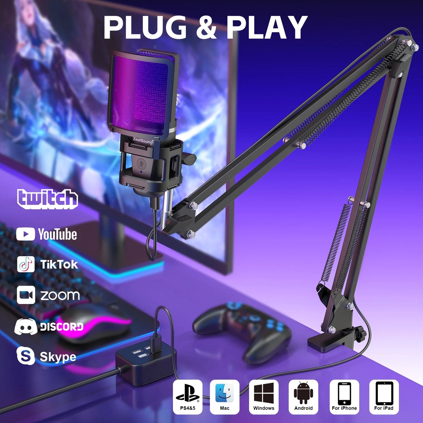 Gaming USB Microphone,Noise Cancellation Condenser Mic,3.5Mm Headphone,Rgb Microphone with Mute,Gain,Monitoring,Boom Arm,Pop Filter for Phone,Pc,Computer,Mac,Streaming,Podcast