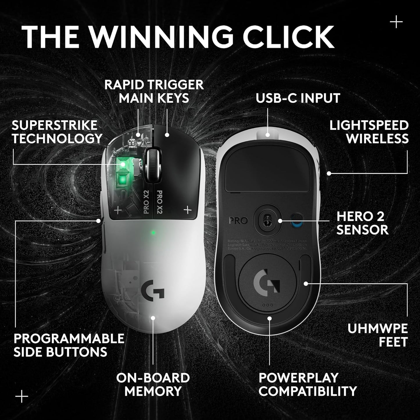 Logitech G PRO X2 SUPERSTRIKE Wireless Gaming Mouse: Customizable Rapid Trigger Magnetic Analog Switches, Adjustable Click Haptics, 61G Ultra Lightweight, USB-C, <8K Polling, for Pc/Mac - Black/White