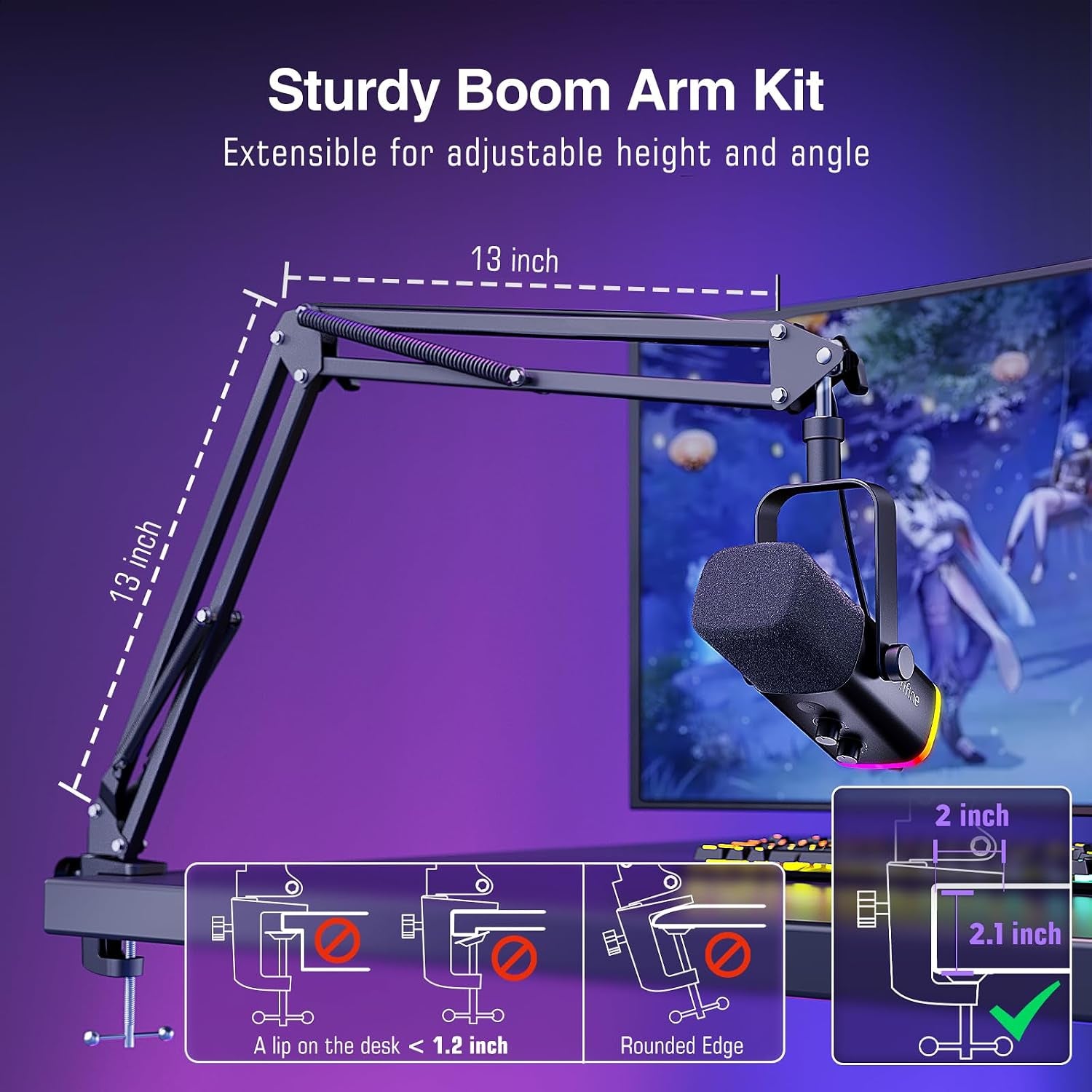 XLR/USB Gaming Microphone Set, Dynamic PC Mic for Streaming Podcasting, Computer RGB Mic Kit with Boom Arm Stand, Mute Button, Headphones Jack, for Recording Vocal Voice-Over-Ampligame AM8T