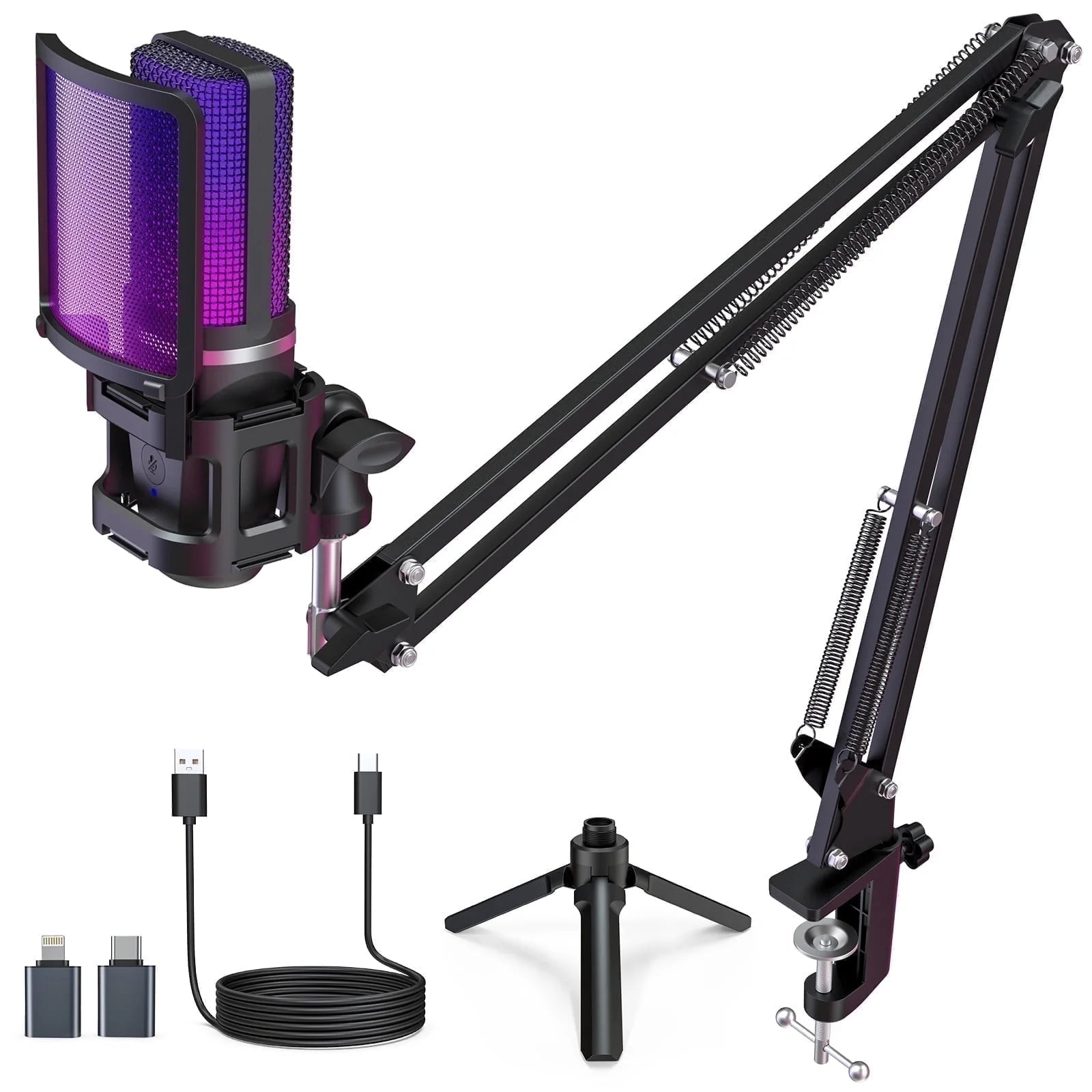 Gaming USB Microphone,Noise Cancellation Condenser Mic,3.5Mm Headphone,Rgb Microphone with Mute,Gain,Monitoring,Boom Arm,Pop Filter for Phone,Pc,Computer,Mac,Streaming,Podcast