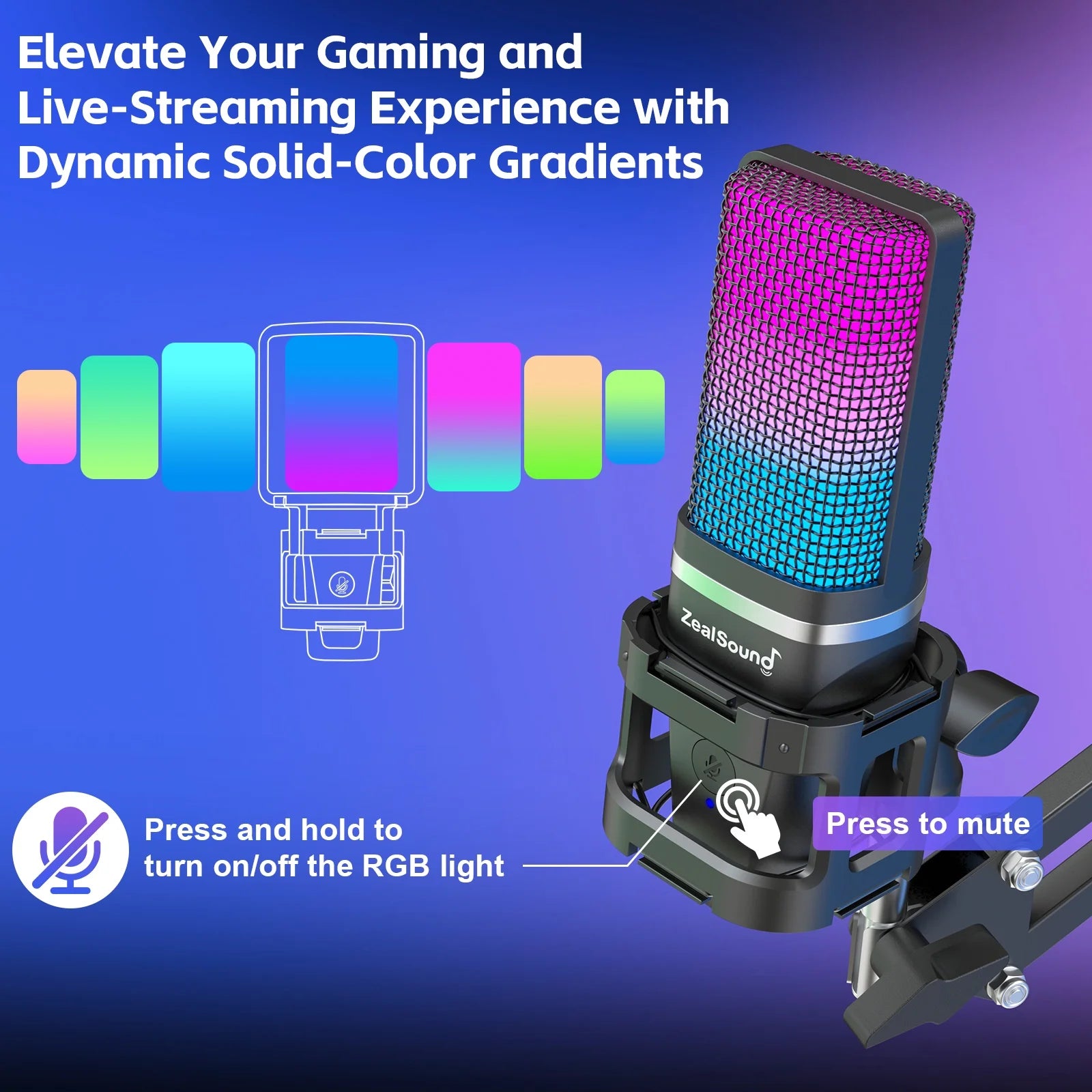 Gaming USB Microphone,Noise Cancellation Condenser Mic,3.5Mm Headphone,Rgb Microphone with Mute,Gain,Monitoring,Boom Arm,Pop Filter for Phone,Pc,Computer,Mac,Streaming,Podcast
